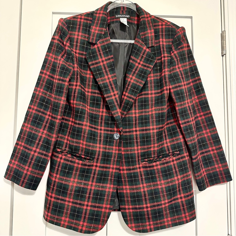 Vintage Savannai Holiday Red, Green and Black Tartan Plaid Wool Blazer • 10